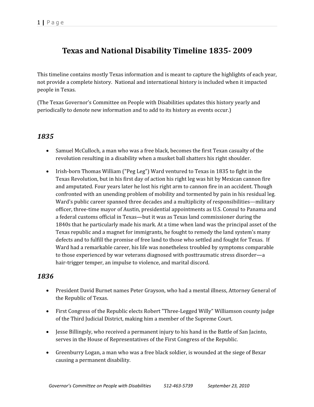 Texas and National Disability Timeline 1835- 2009