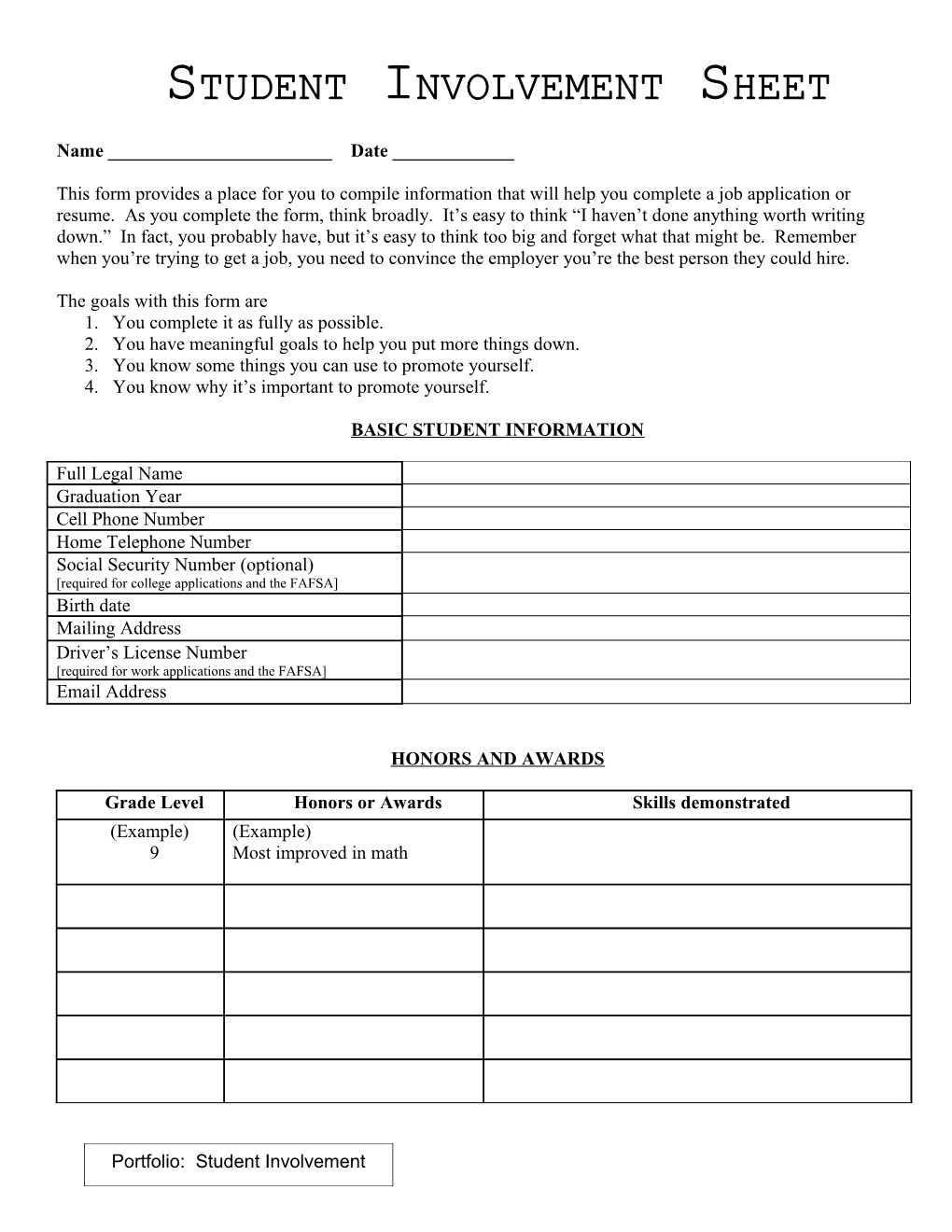 Student Involvement Sheet