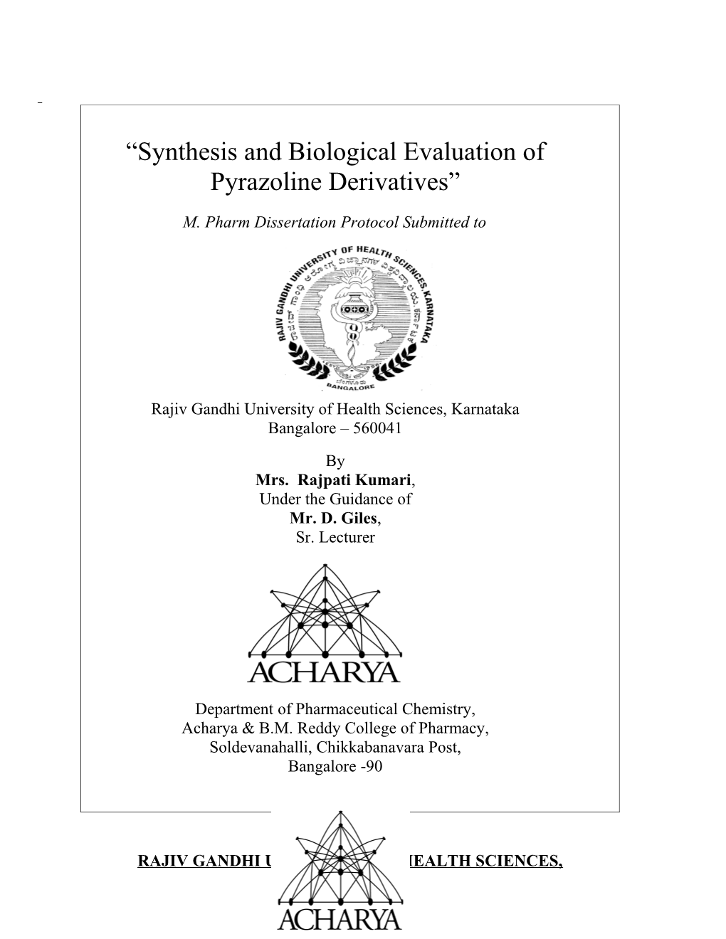 Synthesis and Biological Activities Of