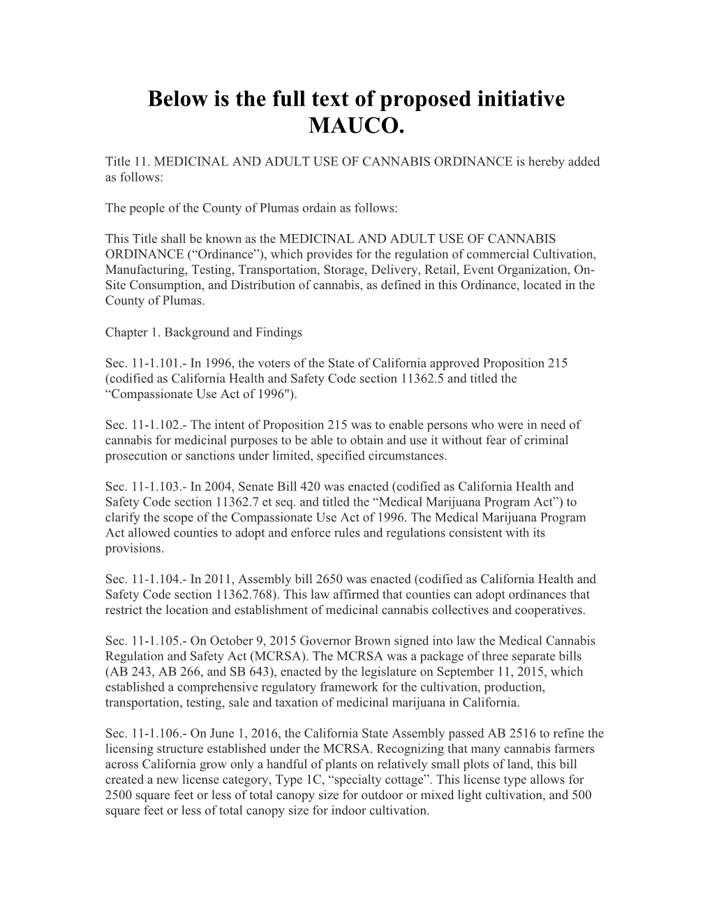 Below Is the Full Text of Proposed Initiative MAUCO
