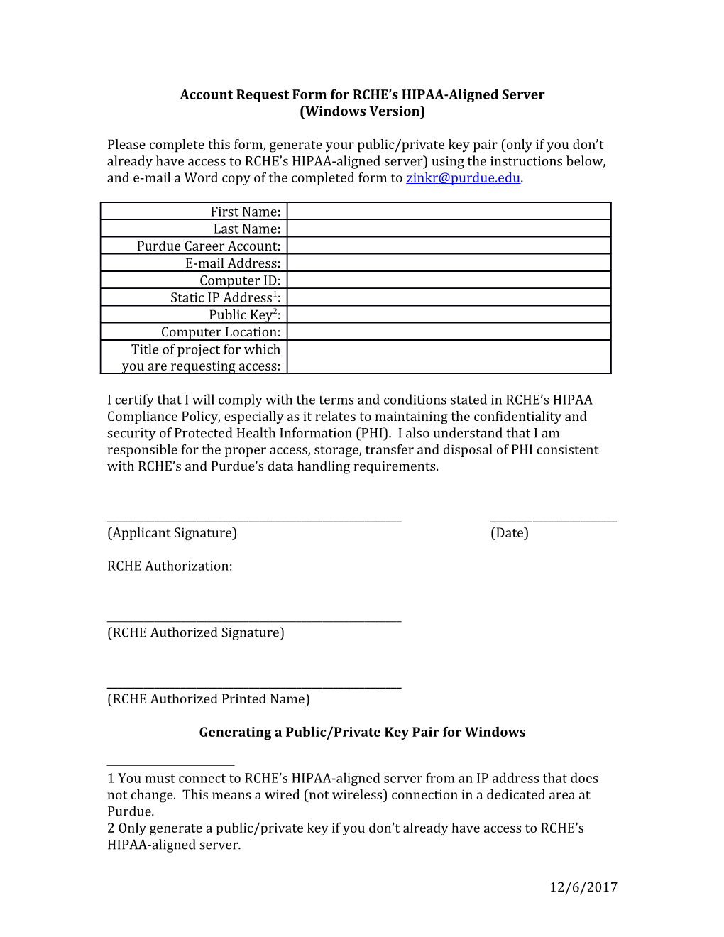 Account Request Form for RCHE S HIPAA-Aligned Server