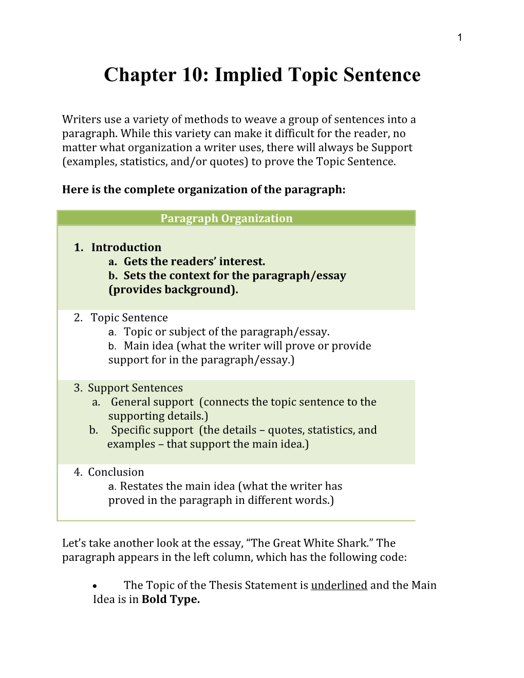 Chapter 10: Implied Topic Sentence
