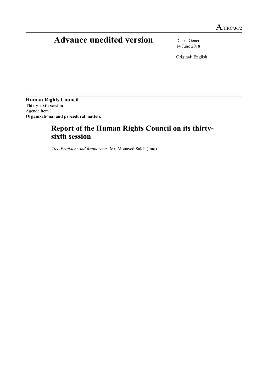 Report of the Human Rights Council on Its 36Th Session - Advance Unedited Version