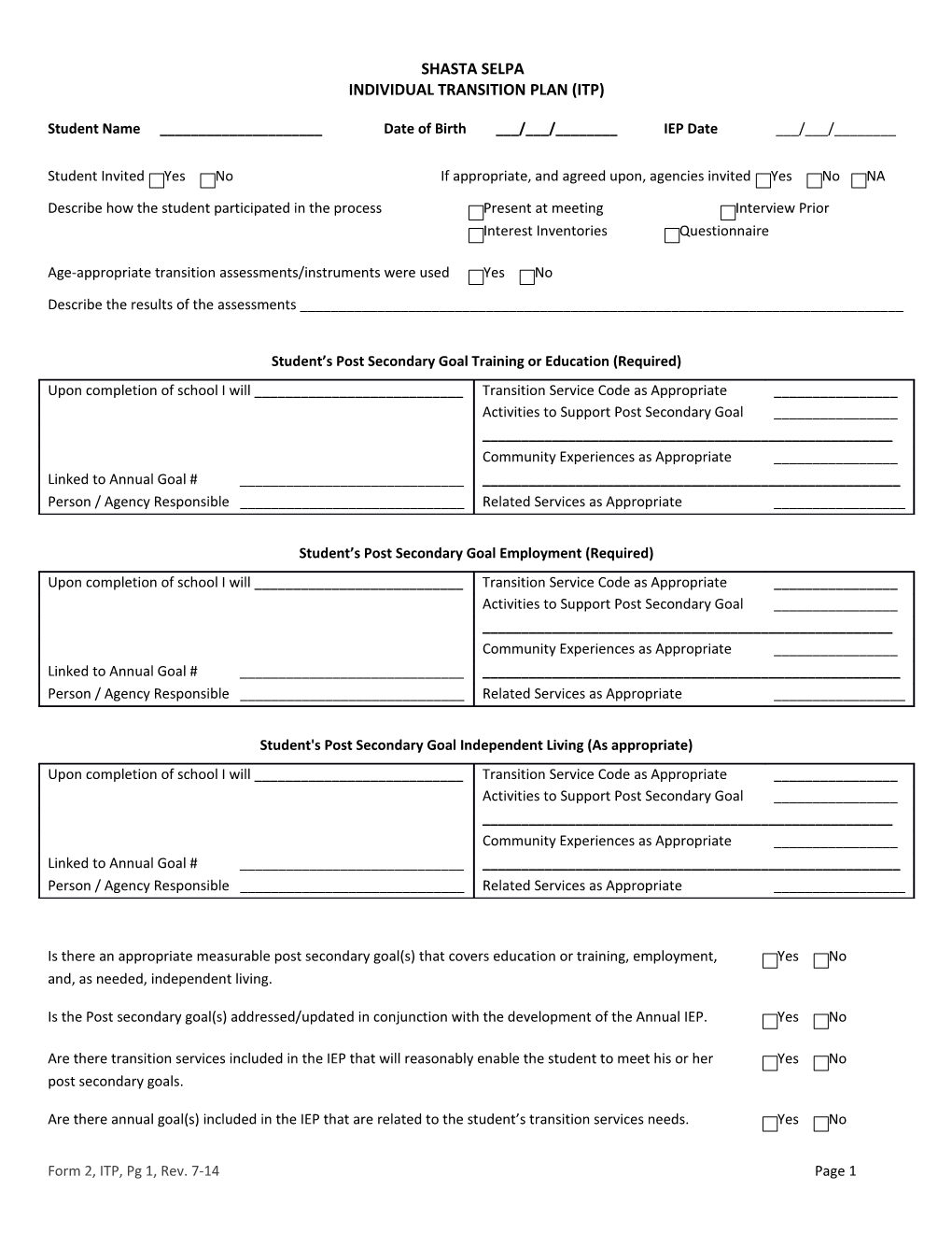 Individual Transition Plan (Itp)