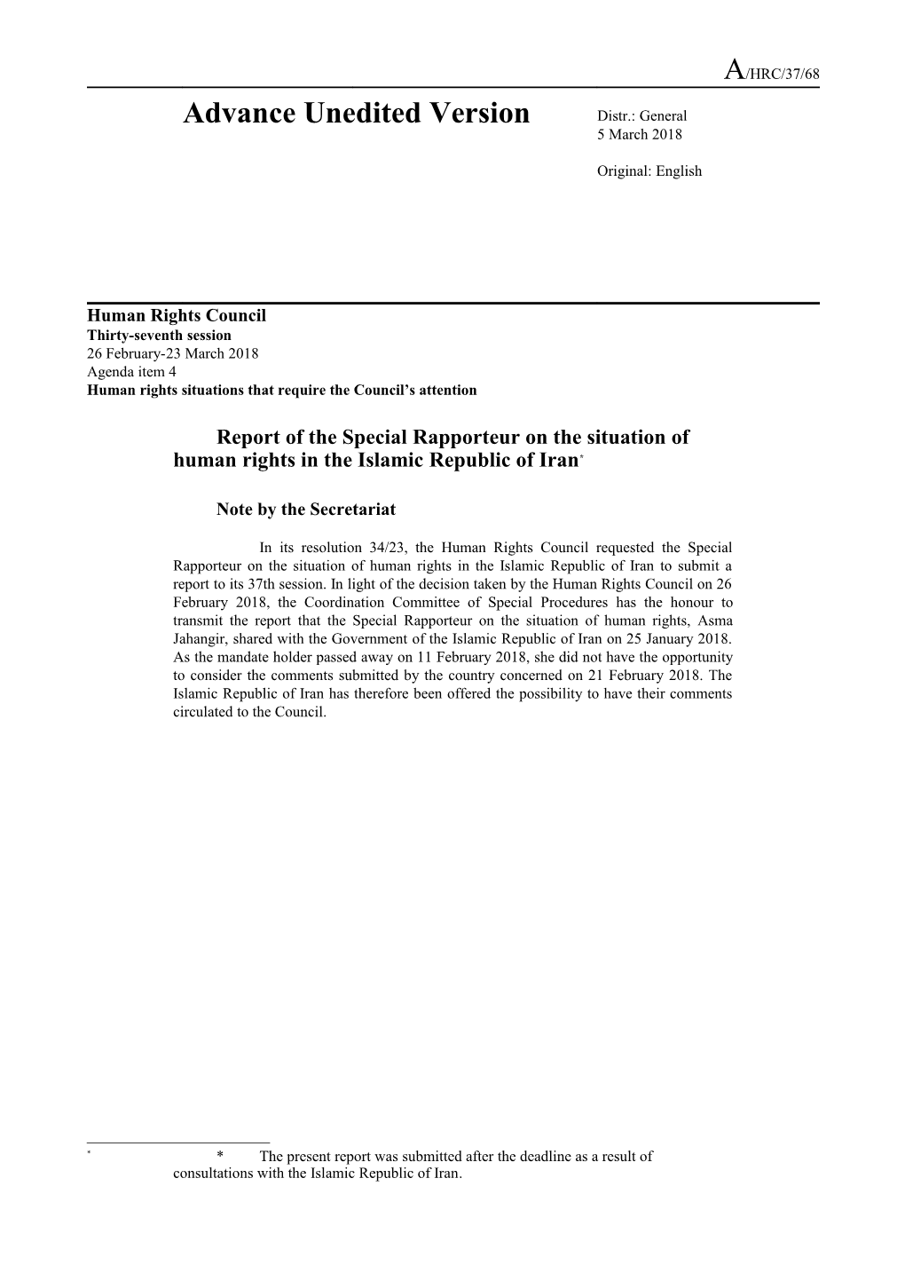 Report of the Special Rapporteur on the Situation of Human Rights in the Islamic Republic