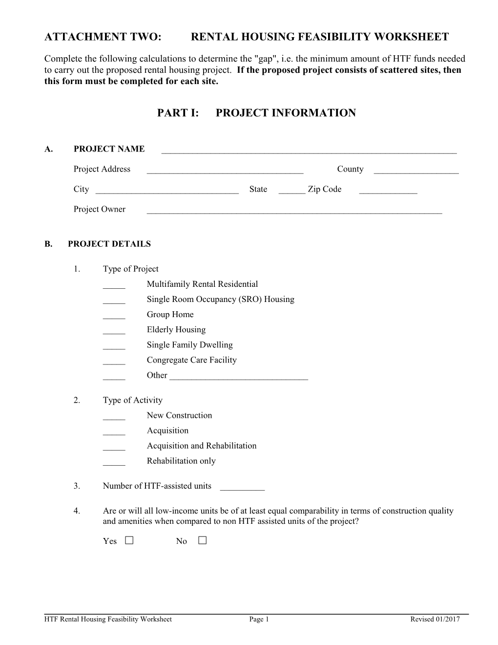 Attachment Two: Rental Housing Feasibility Worksheet