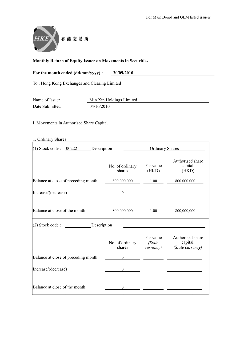 Monthly Return of Equity Issuer on Movements in Securities s8