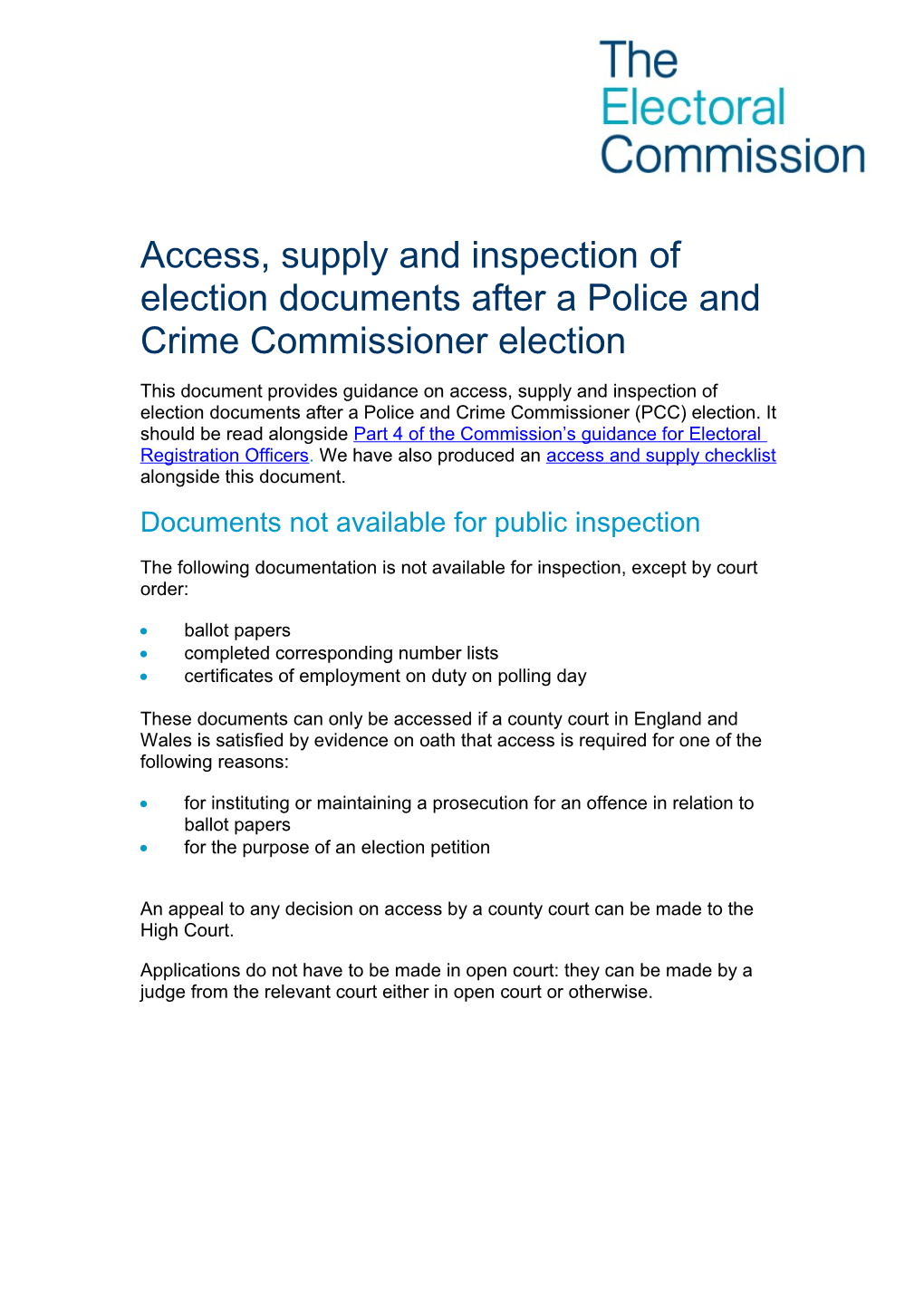 PCC Guidance on the Retention and Inspection of Election Documents