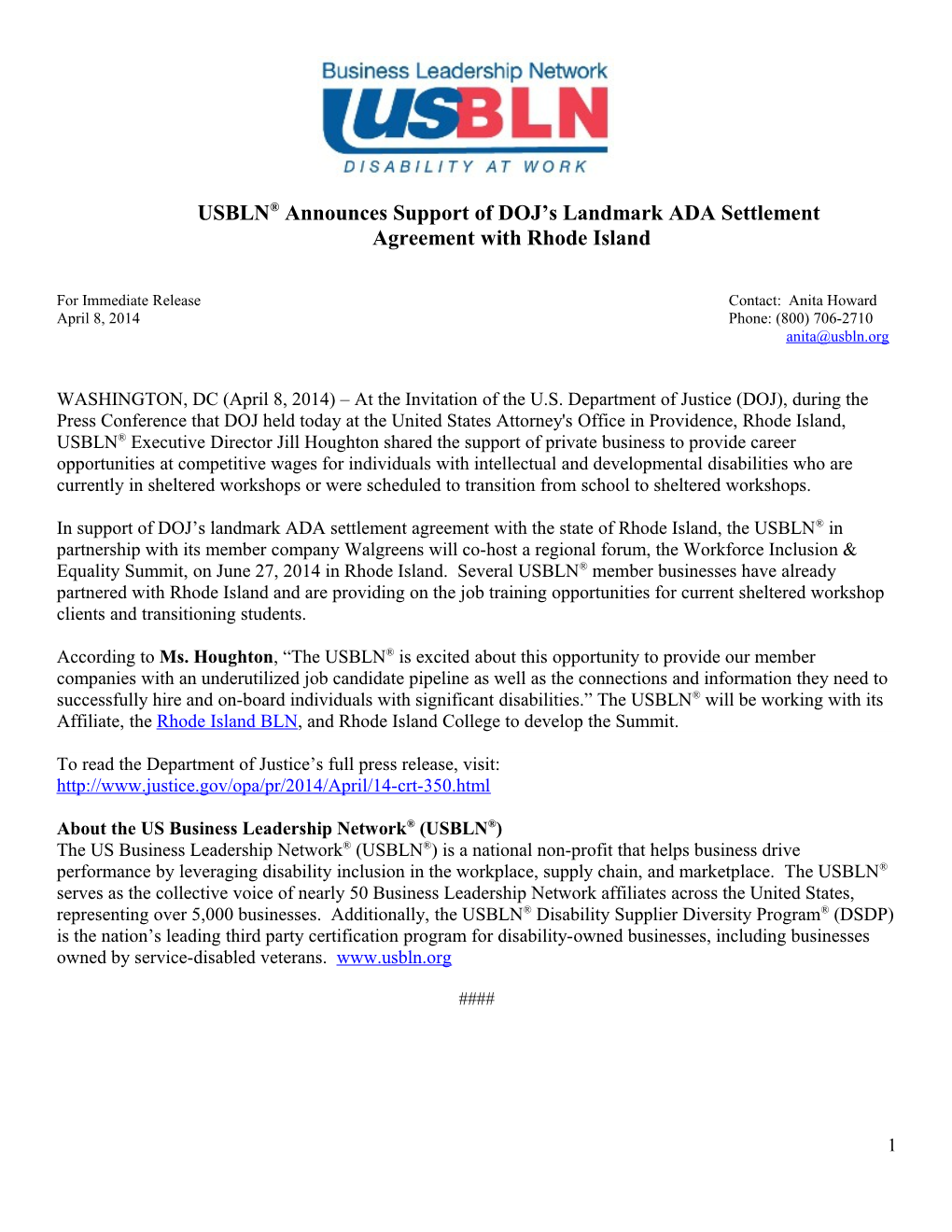 USBLN Announces Support of DOJ S Landmark ADA Settlement