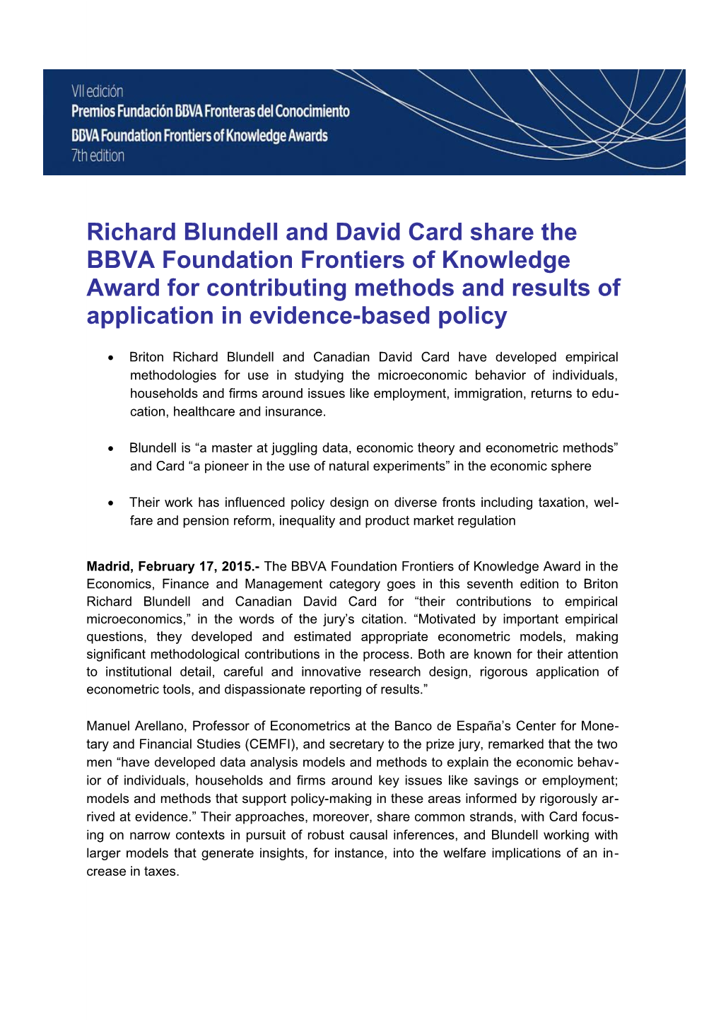 Richard Blundell and David Card Share the BBVA Foundation Frontiers of Knowledge Award