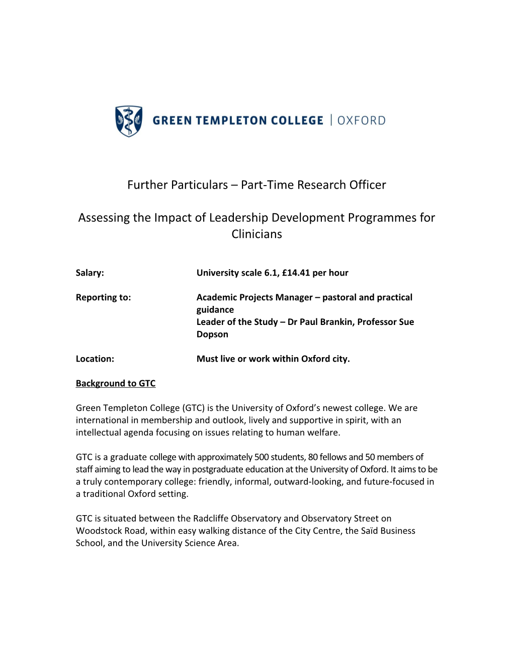 Further Particulars Part-Time Research Officer