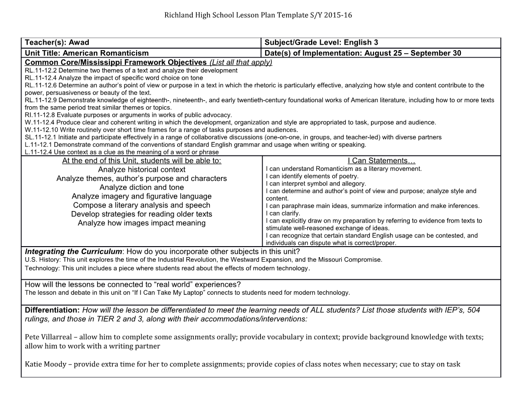 Richland High School Lesson Plan Template S/Y 2015-16