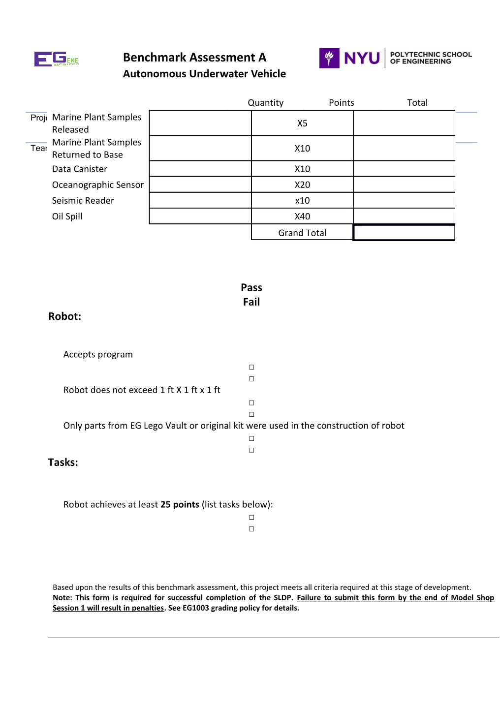 Benchmark Assessment a Autonomous Underwater Vehicle