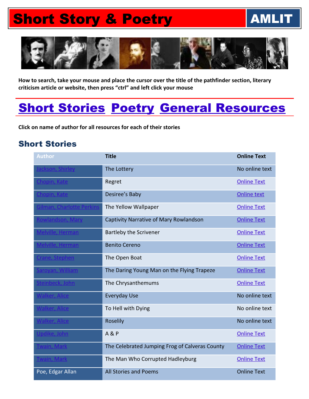 Click on Name of Author for All Resources for Each of Their Stories