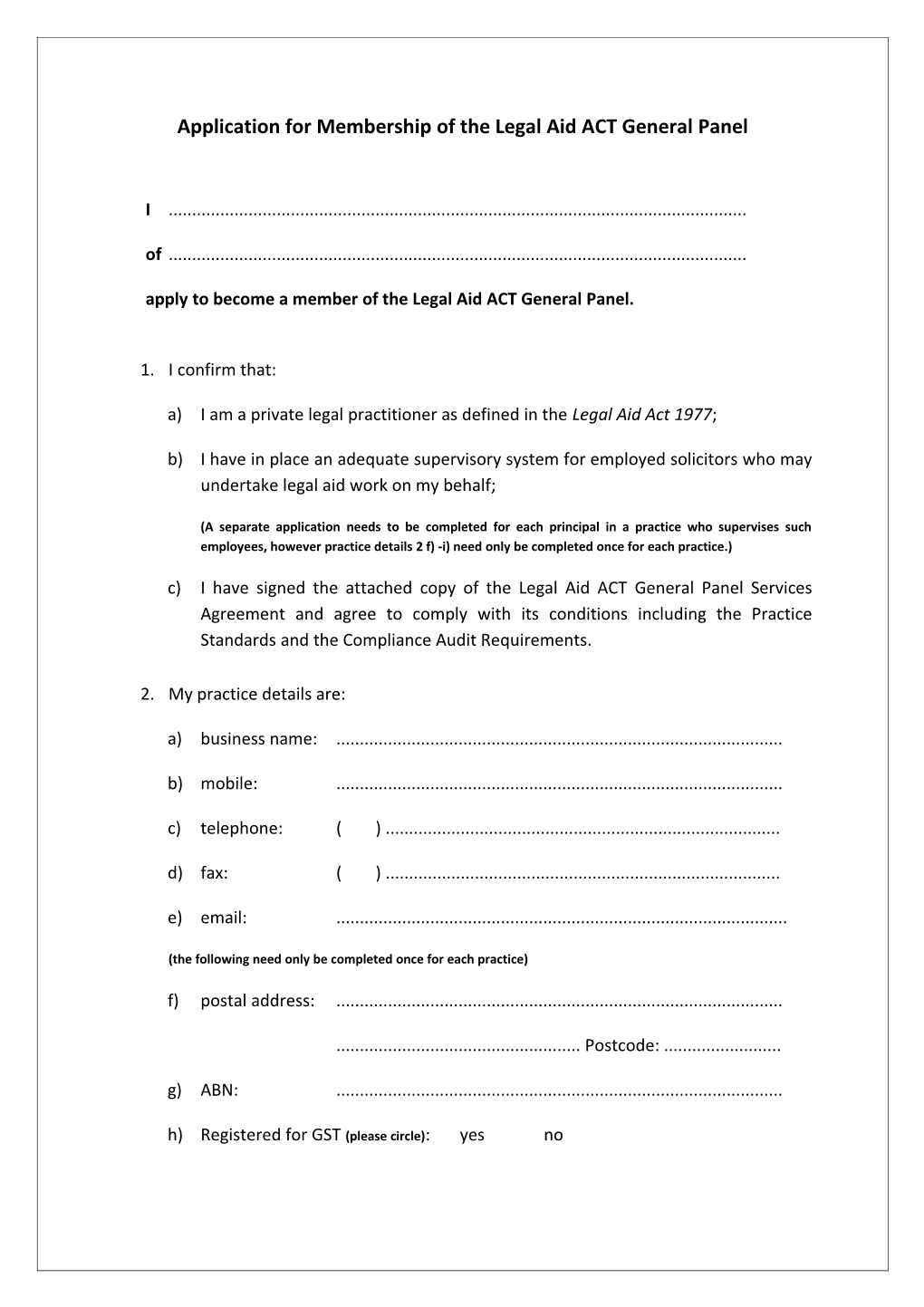 Application for Membership of the Legal Aid ACT General Panel