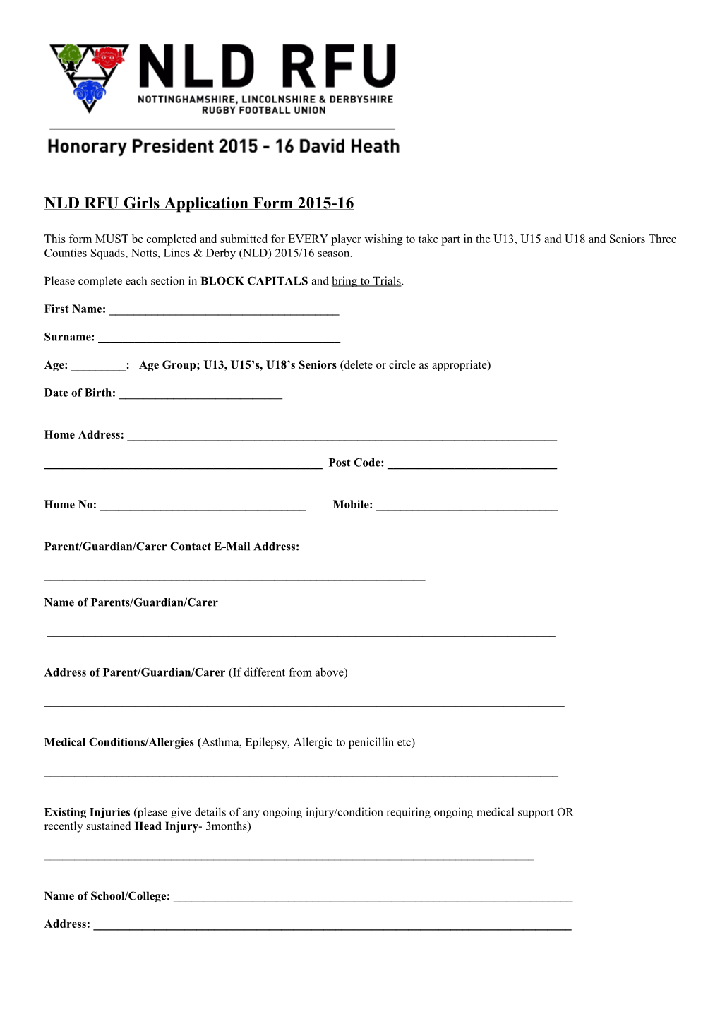 NLD RFU Girls Application Form 2015-16