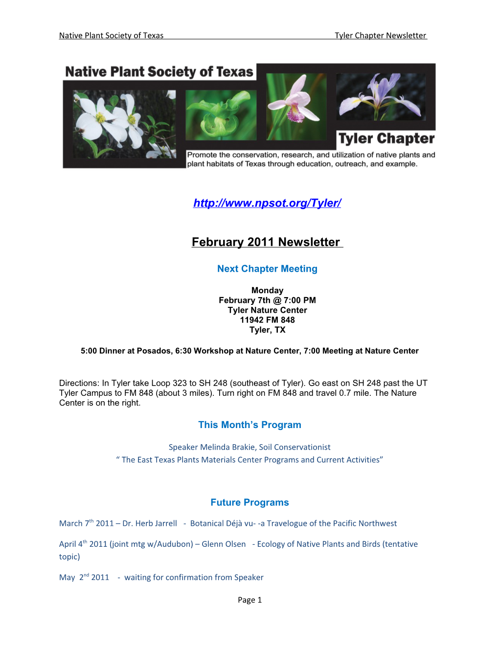 Native Plant Society of Texas Tyler Chapter Newsletter