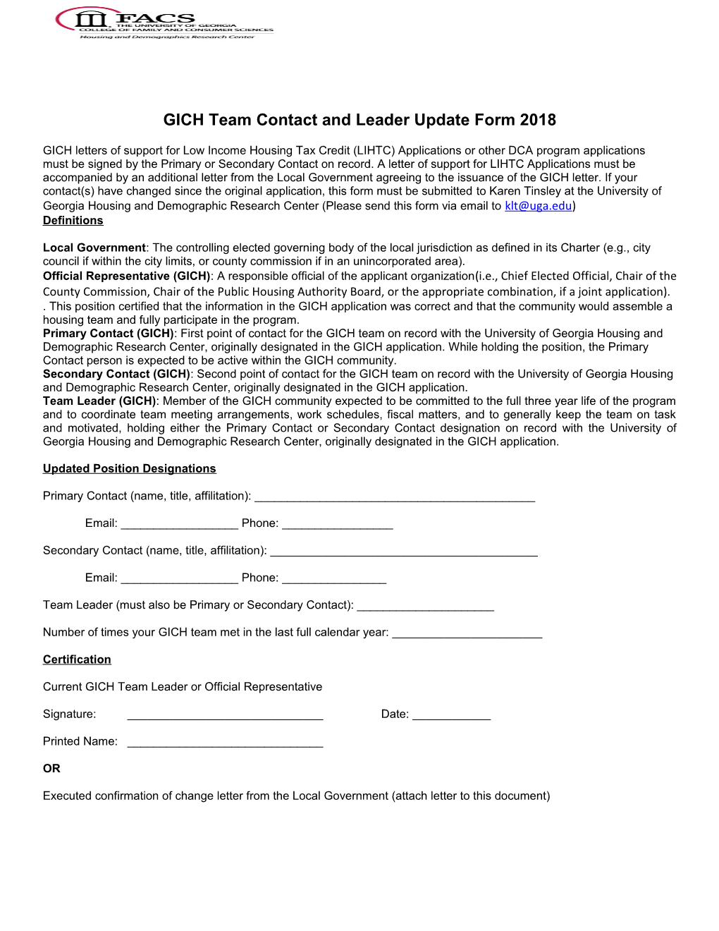 GICH Team Contact and Leader Update Form 2018