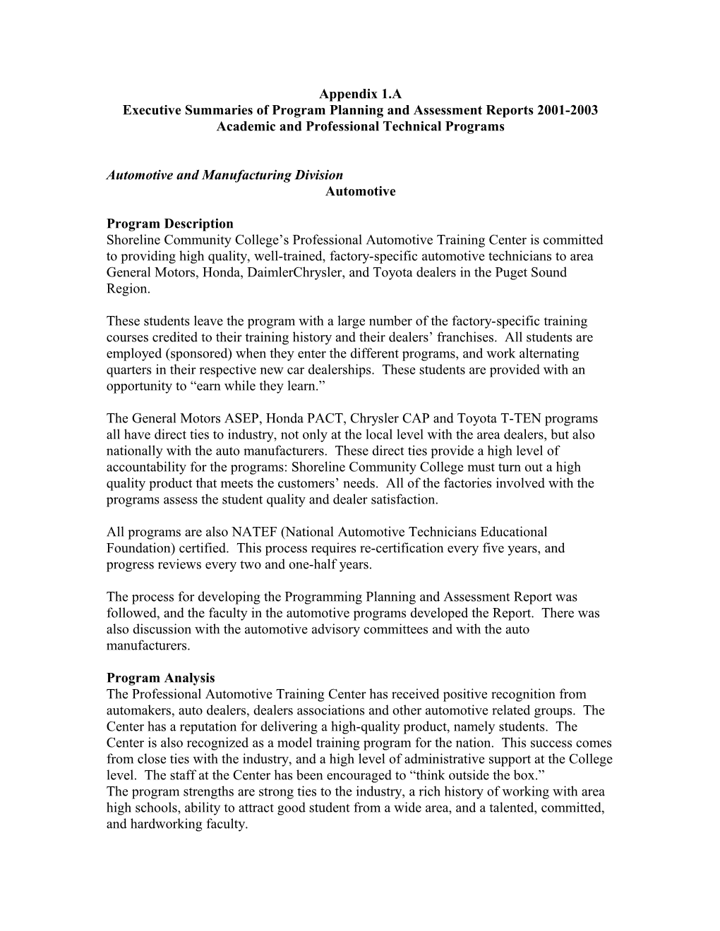 Executive Summaries of Program Planning and Assessment Reports 2001-2003