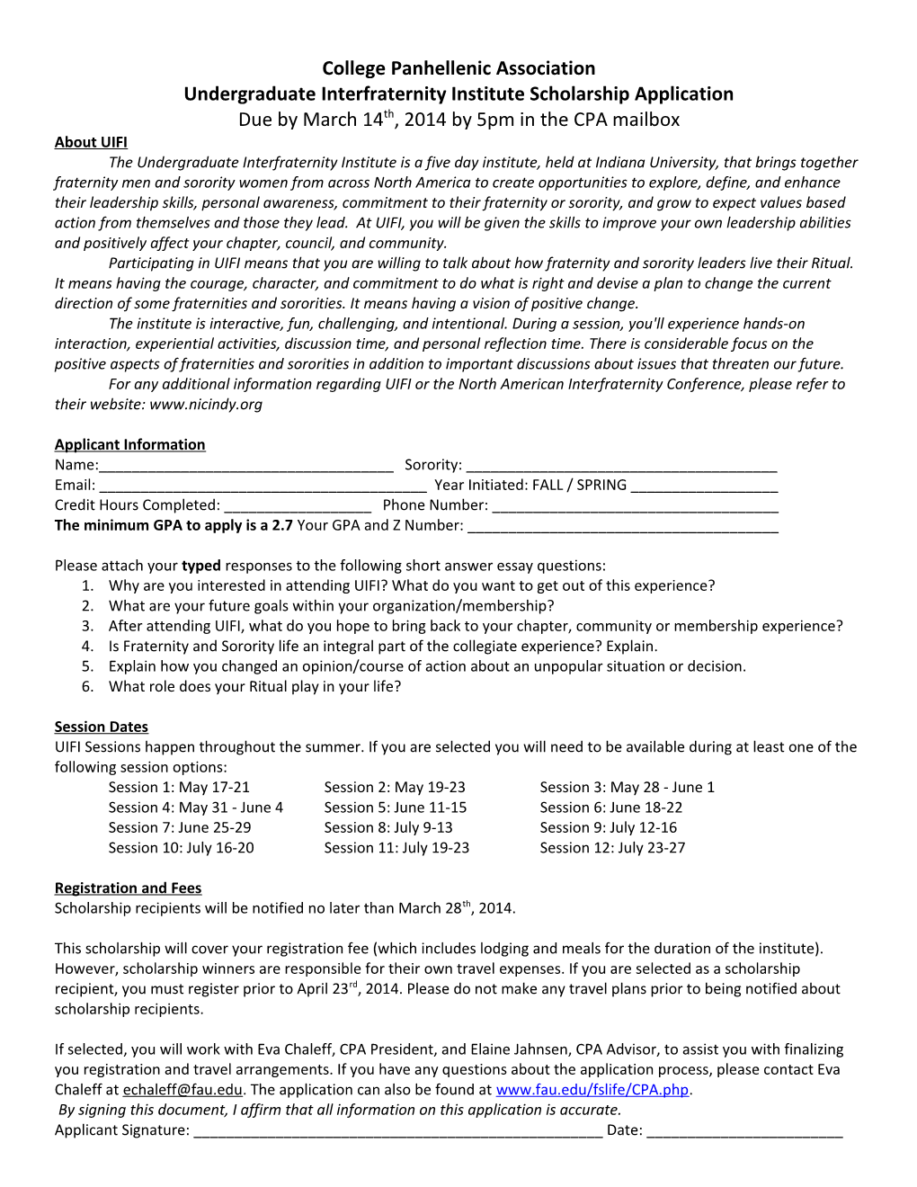 Undergraduate Interfraternity Institute Scholarship Application