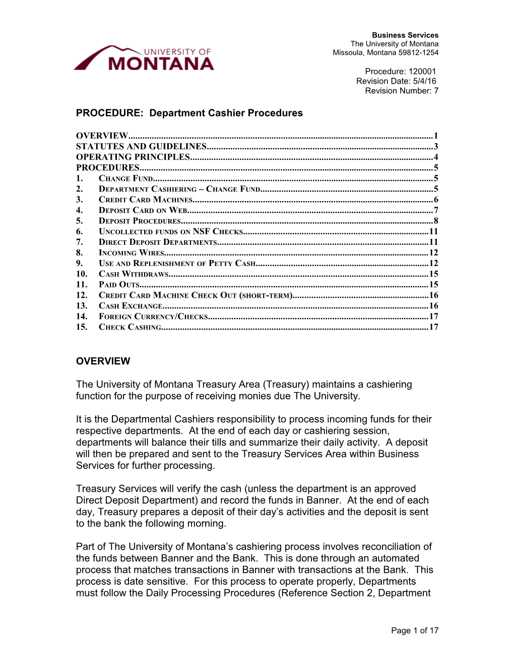 PROCEDURE: Department Cashier Procedures