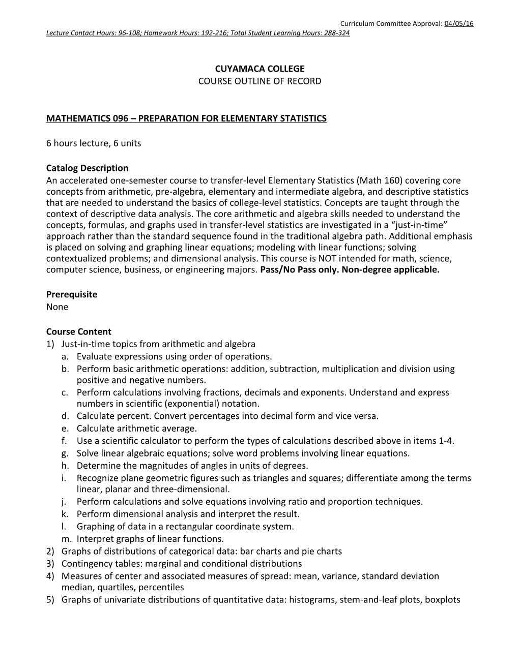 Mathematics 096 Preparation for Elementary Statistics