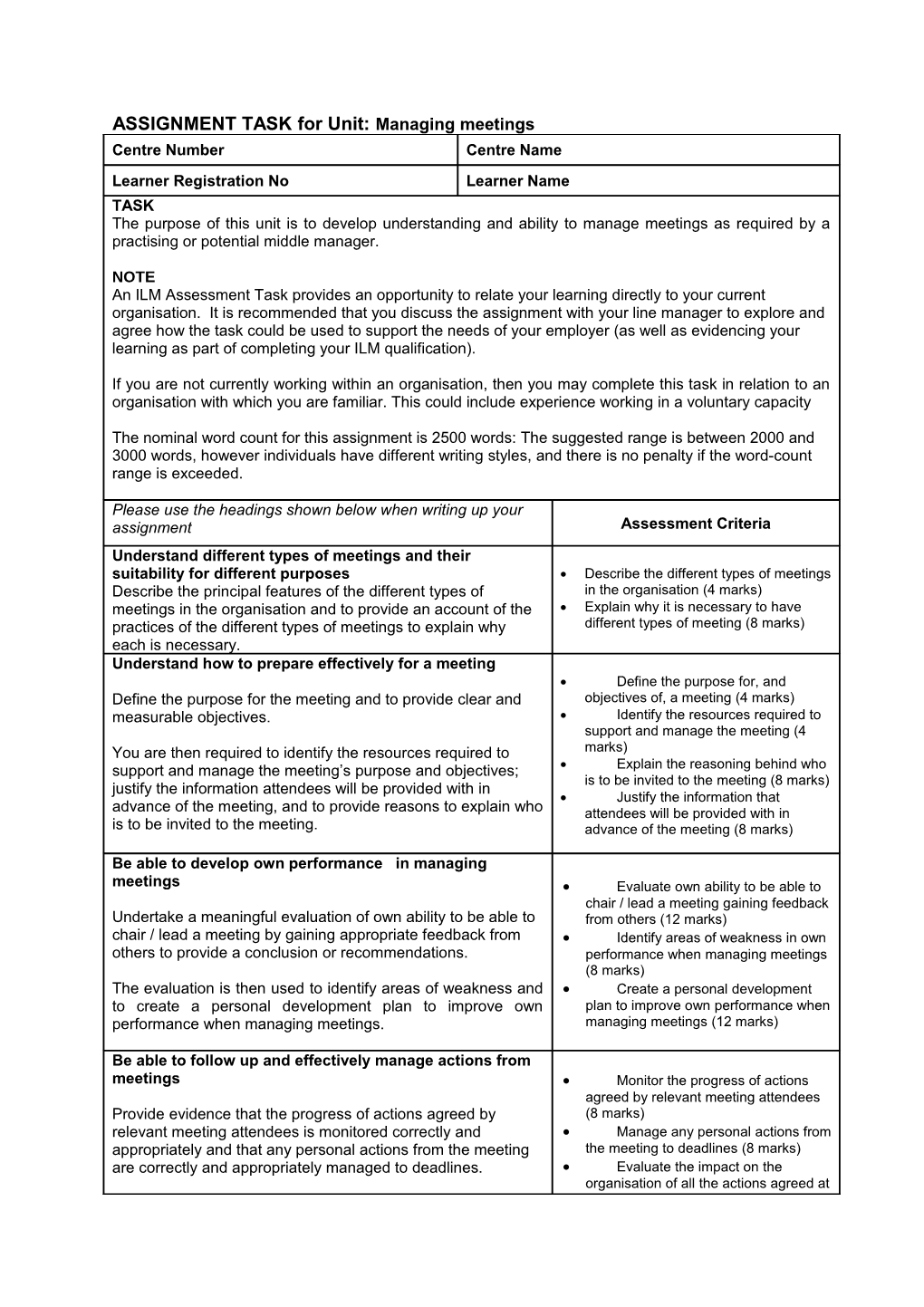 ASSIGNMENT TASK for Unit: Managing Meetings