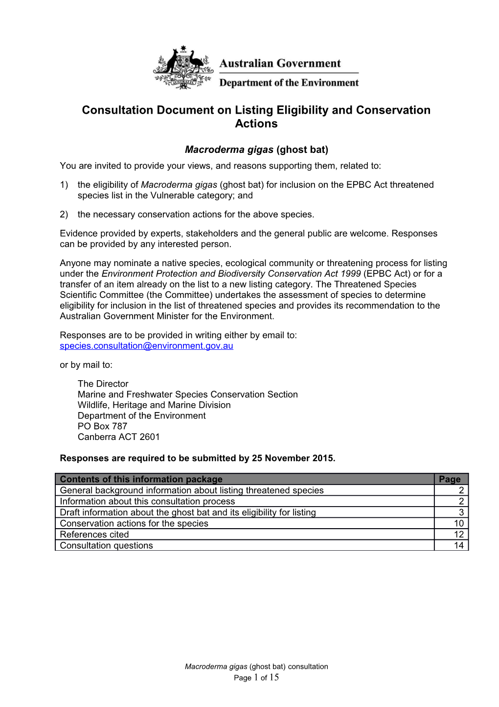 Consultation Document on Listing Eligibility and Conservation Actions Macroderma Gigas