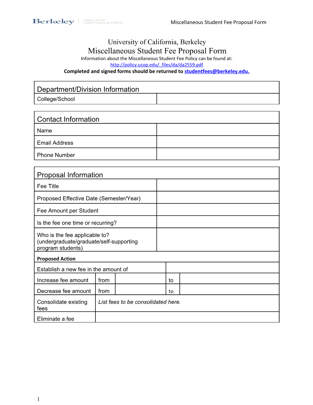 Miscellaneous Student Fee Proposal Form