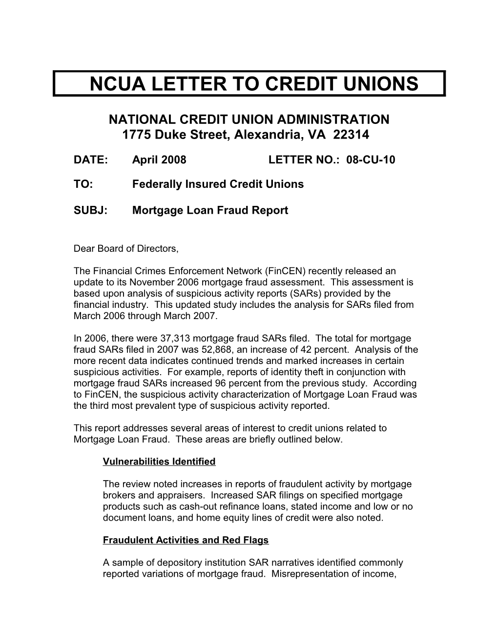 Letter to Credit Union 07-CU-09