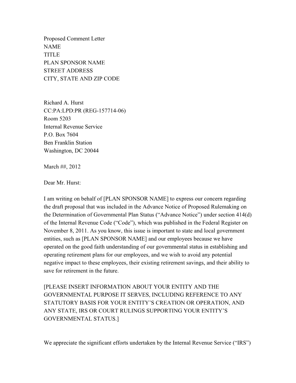 Proposed Comment Letter