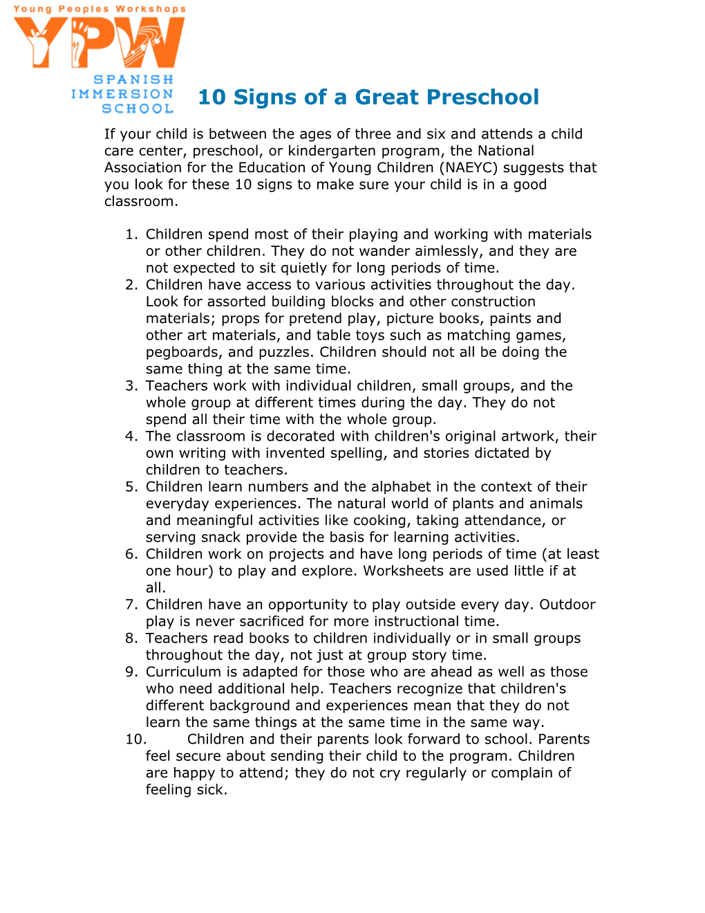 10 Signs of a Great Preschool