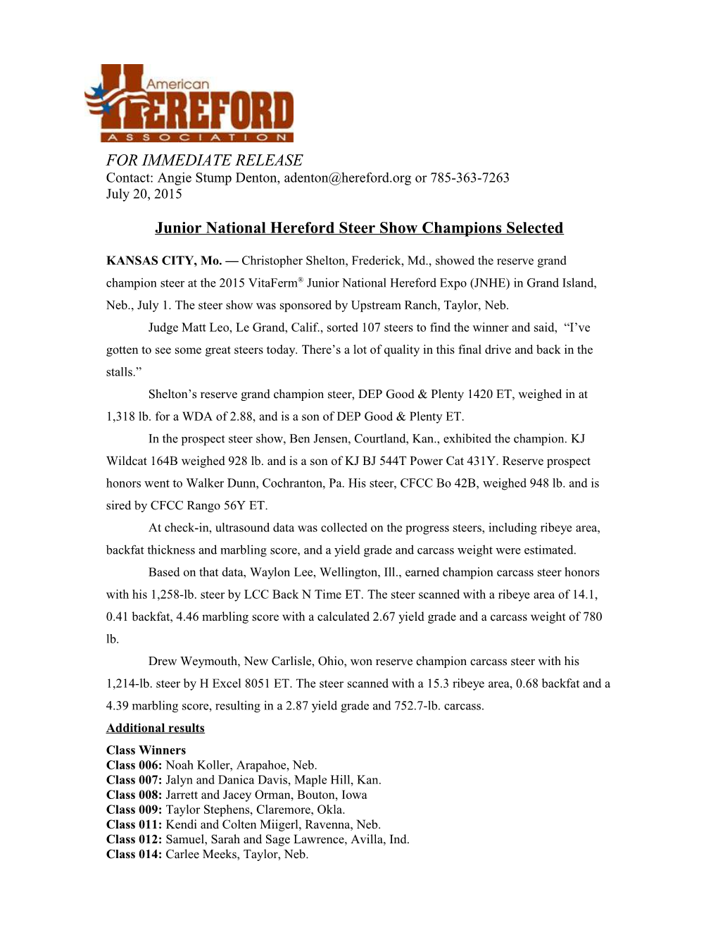 Junior National Hereford Steer Show Champions Selected