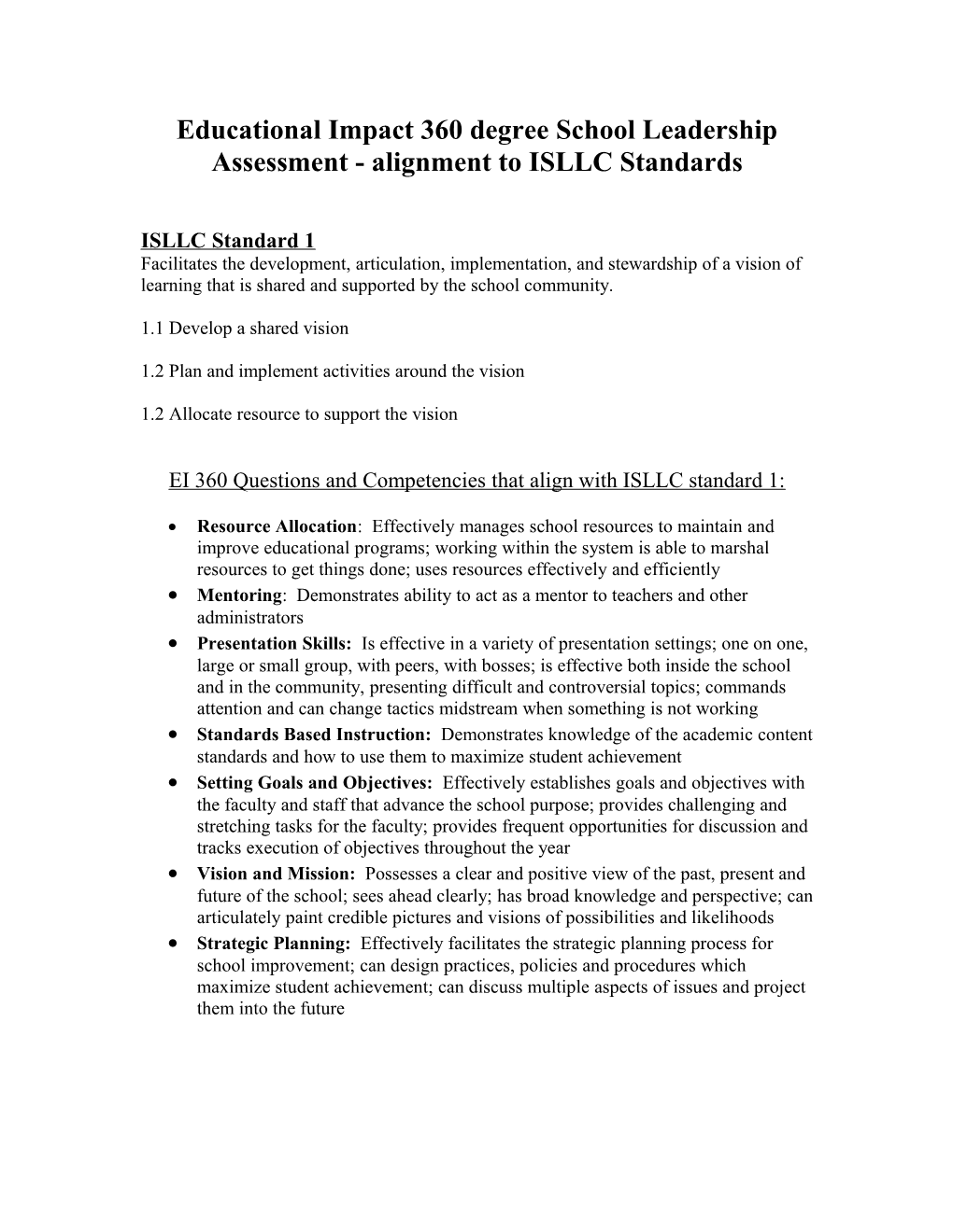 Educational Impact 360 Degree School Leadership Assessment - Alignment to ISLLC Standards