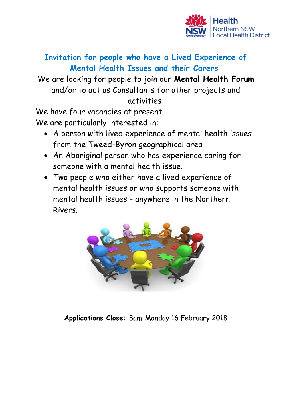 Invitation for People Who Have a Lived Experience of Mental Health Issues and Their Carers