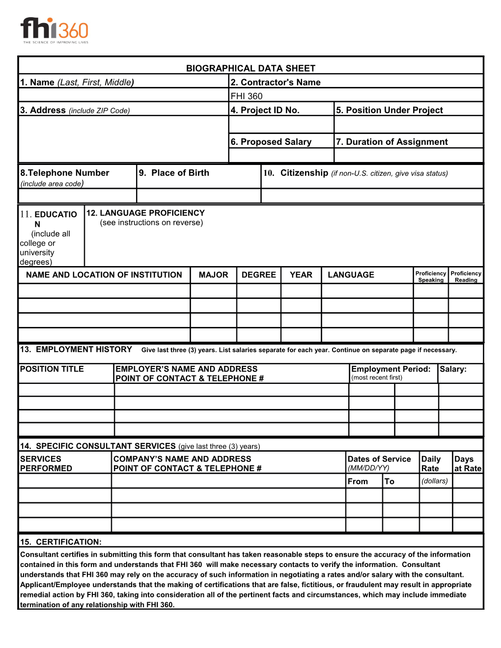 FHI 360 Biodata Form