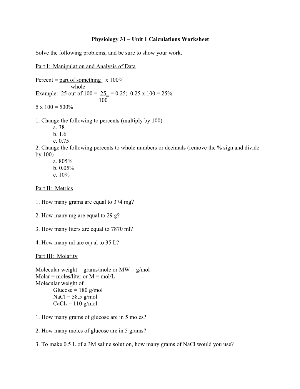 Physiology 31 Unit 1 Calculations Worksheet
