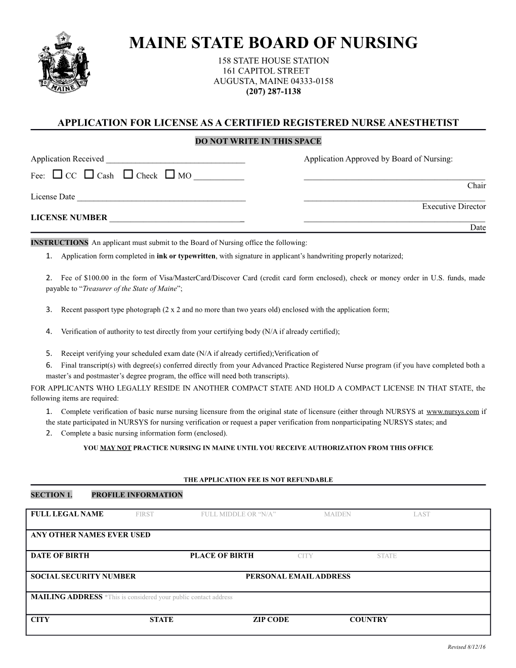 Application for License As a Certified Registered Nurse Anesthetist