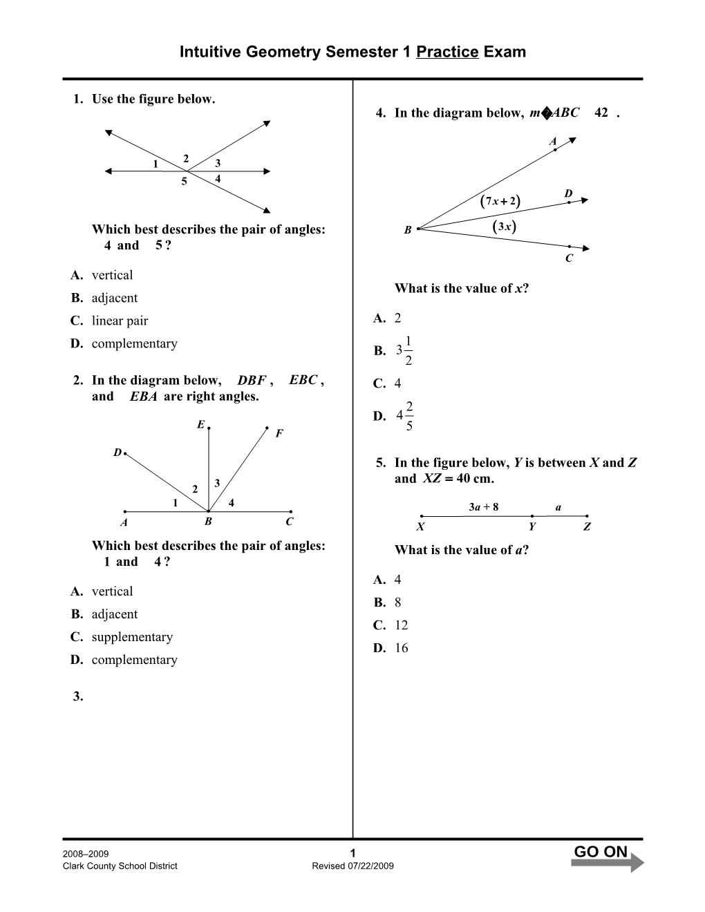 Intuitive Geometry Semester 1 Practice Exam