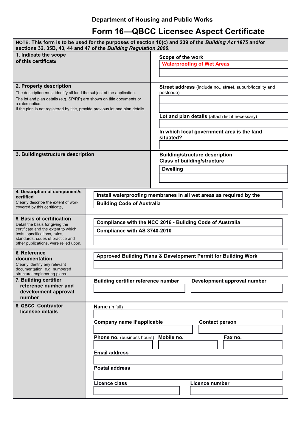 Form16 Inspection Certificate Aspect Certificate QBCC Licensee Aspect Certificate s1