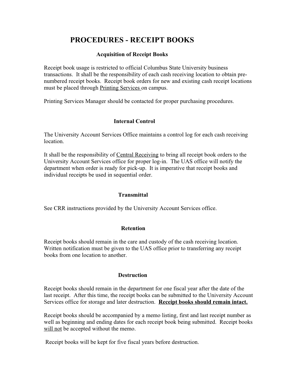 Procedures for Receipt Books