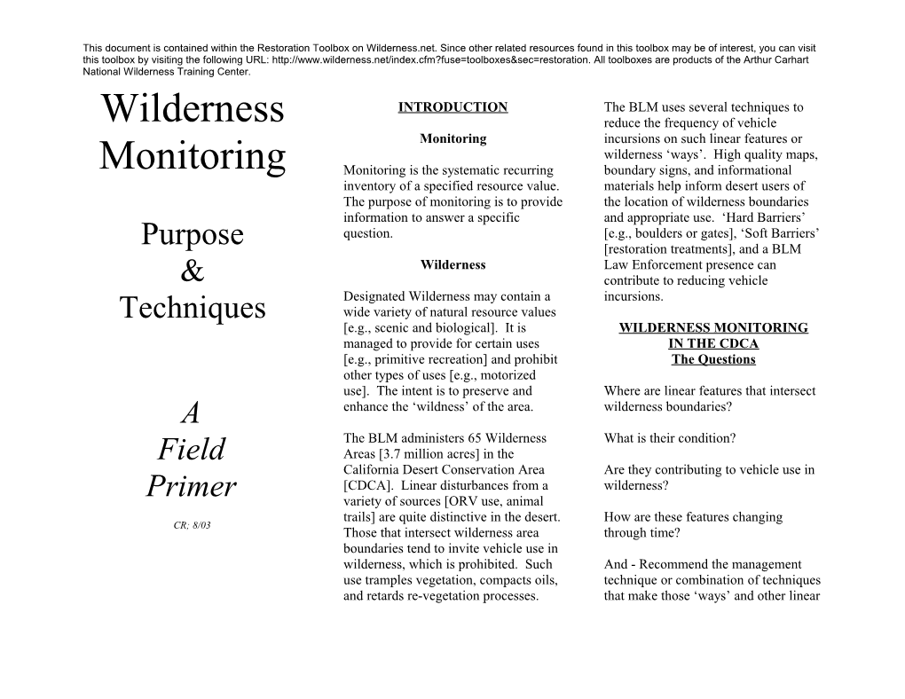 Wilderness Monitoring Techniques