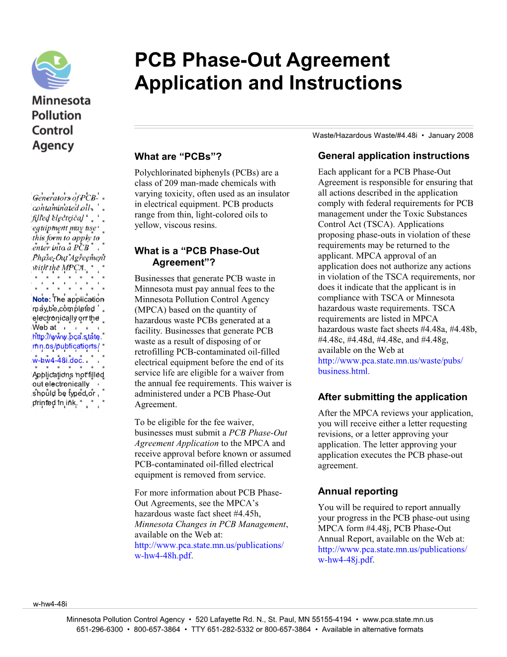 PCB Phase-Out Agreement Application and Instructions - Fact Sheet and Form