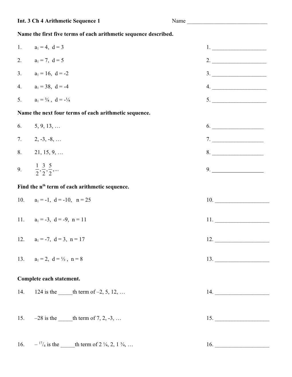 Arithmetic Sequence Worksheet #1