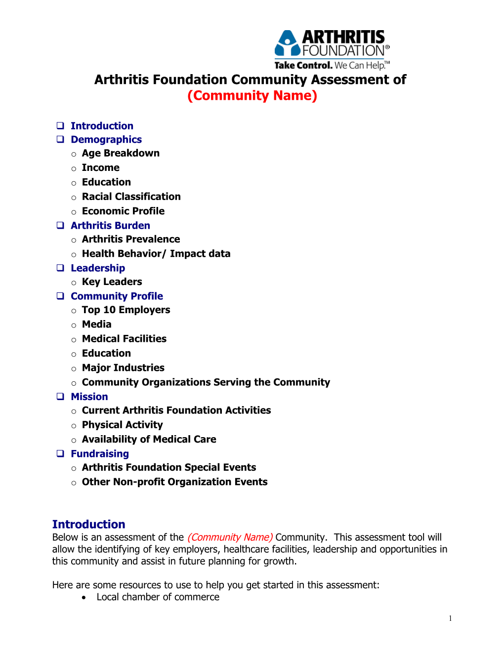 Arthritis Foundation Community Assessment Of