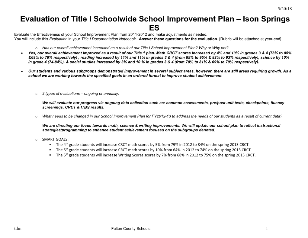 Evaluation of Title I Schoolwide School Improvement Plan Ison Springs ES