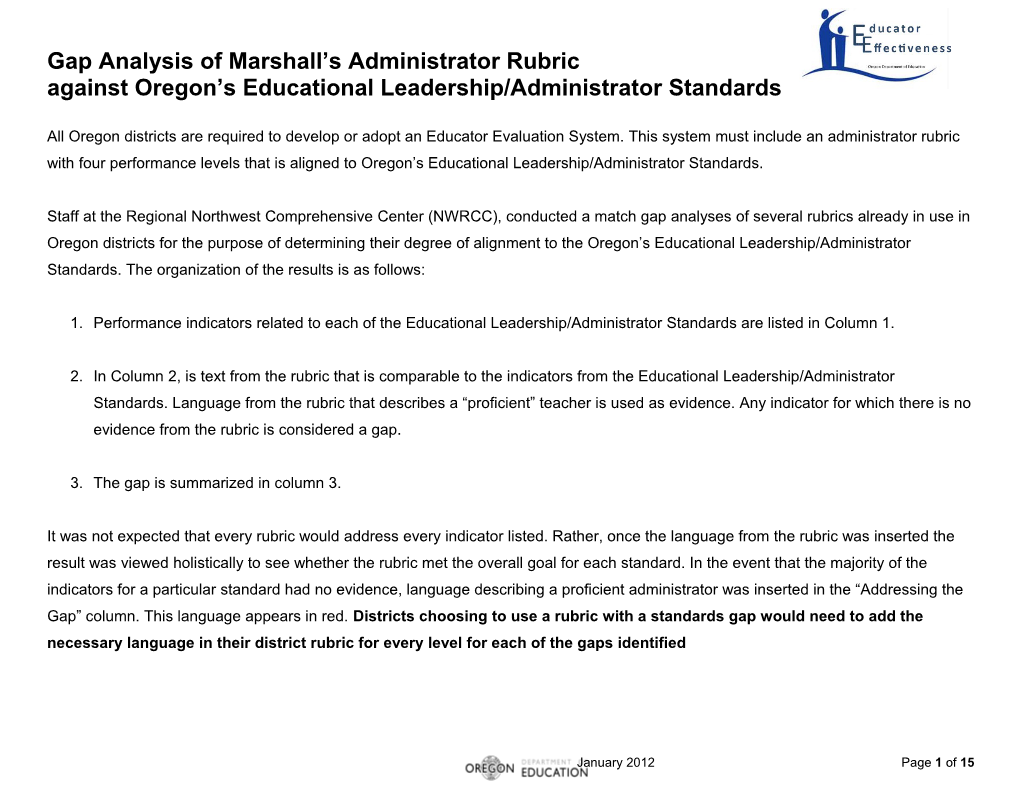 Gap Analysis of Marshall S Administrator Rubric