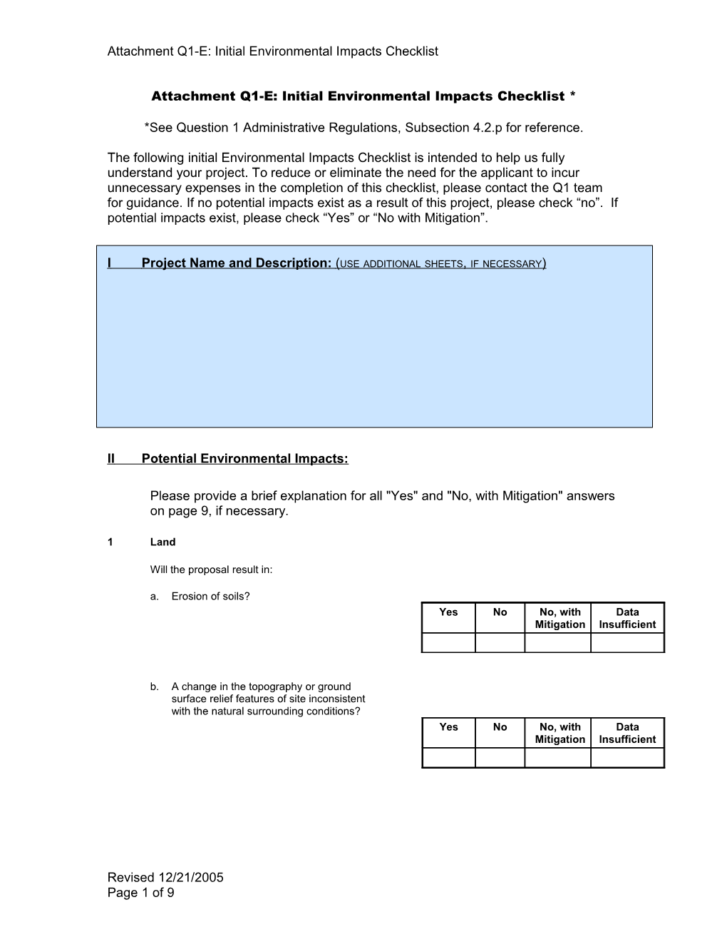 Attachment Q1-E: Initial Environmental Checklist *