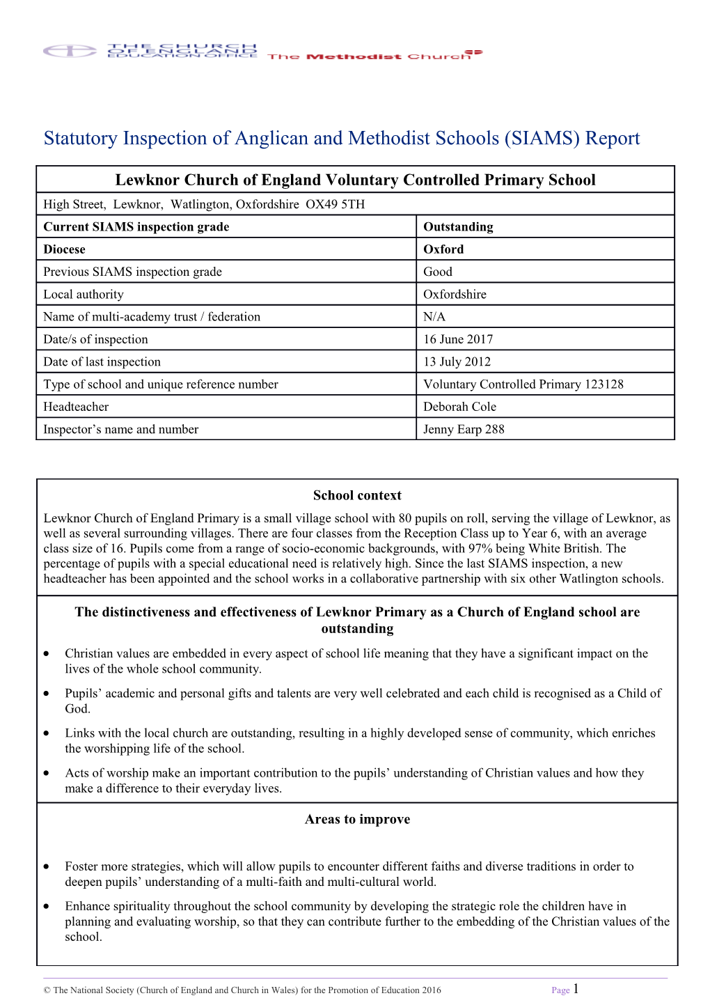 Statutory Inspection of Anglican and Methodist Schools (SIAMS) Report