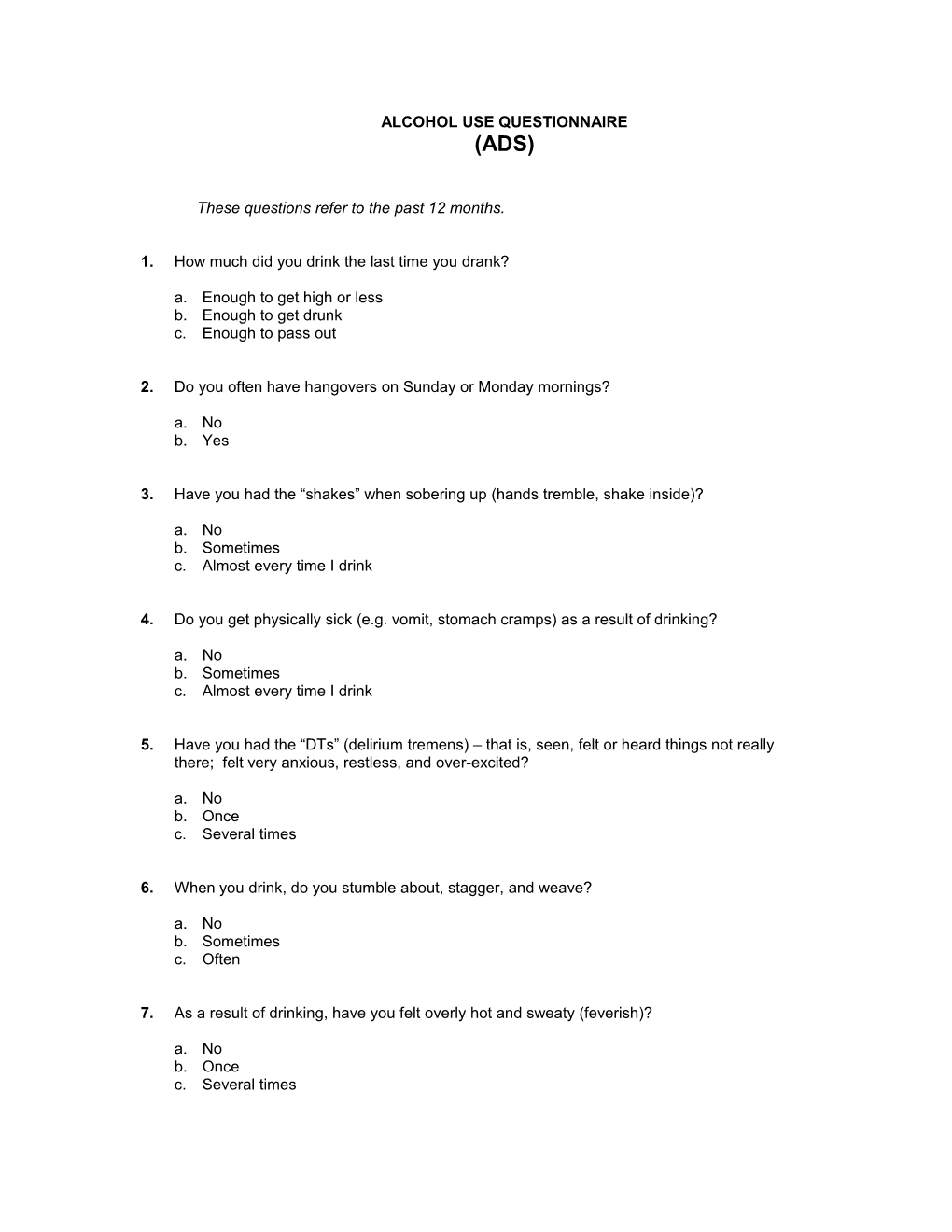 Alcohol Use Questionnaire